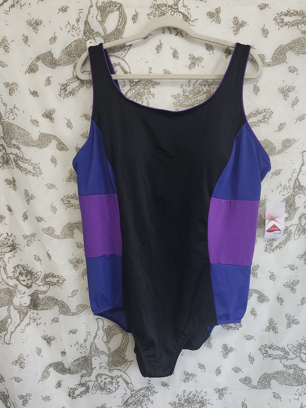 Colorblock One-Piece Swimsuit in Black, Purple & Royal Blue 24w